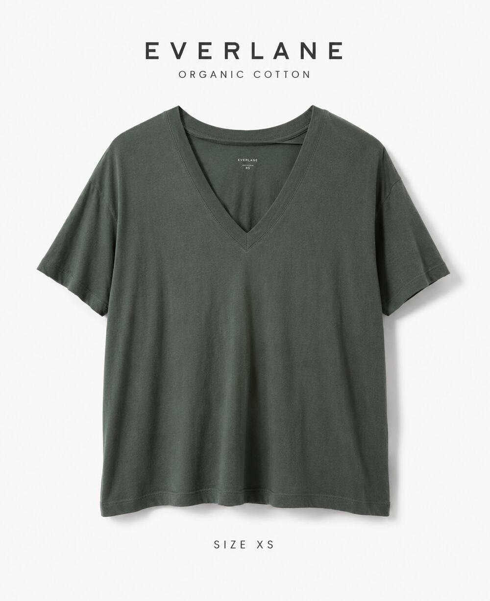 Everlane Organic Cotton V Neck Tee XS Green Slouchy Relaxed T Shirt NWT Flaws